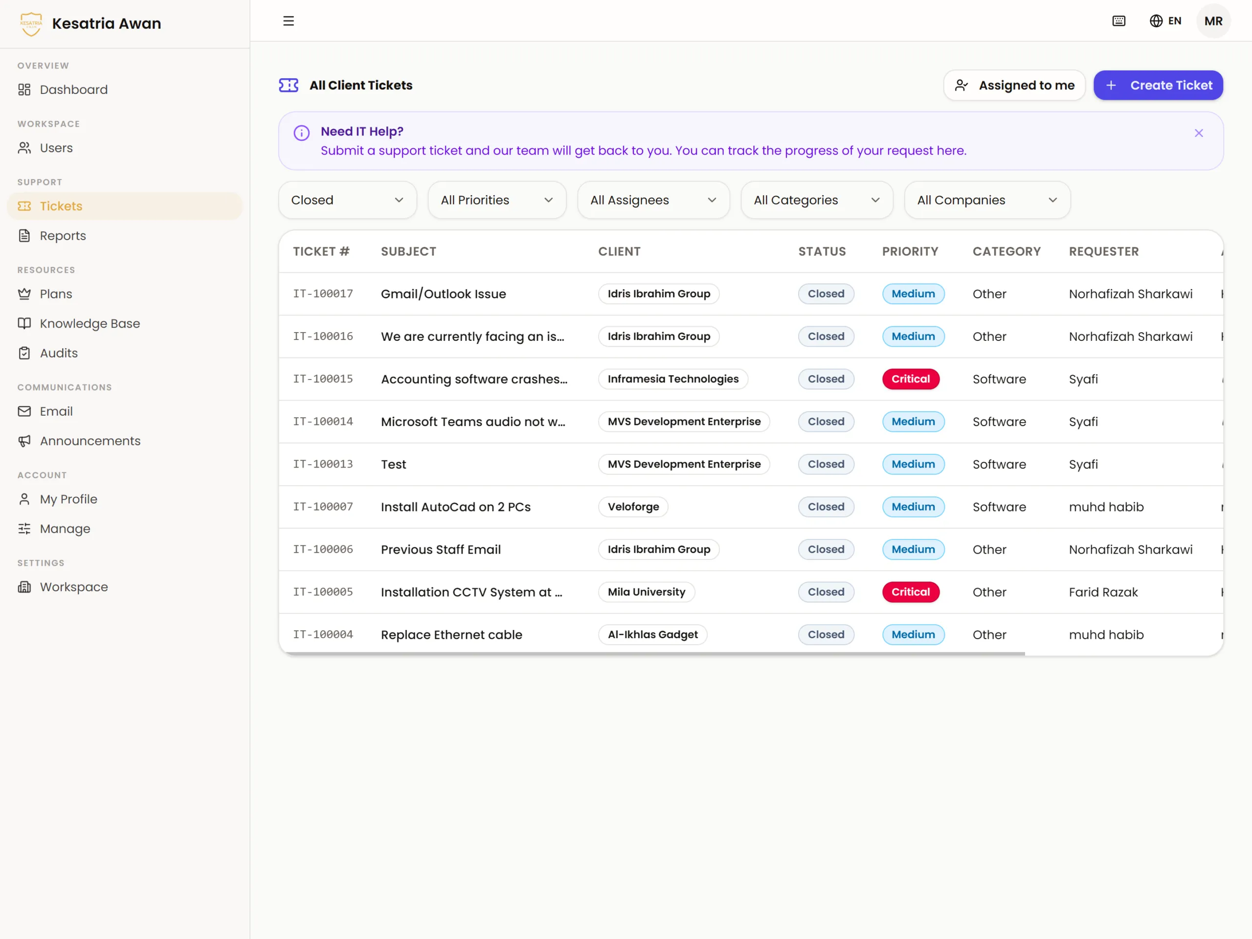Kesatria ticketing system dashboard showing support tickets and SLA status